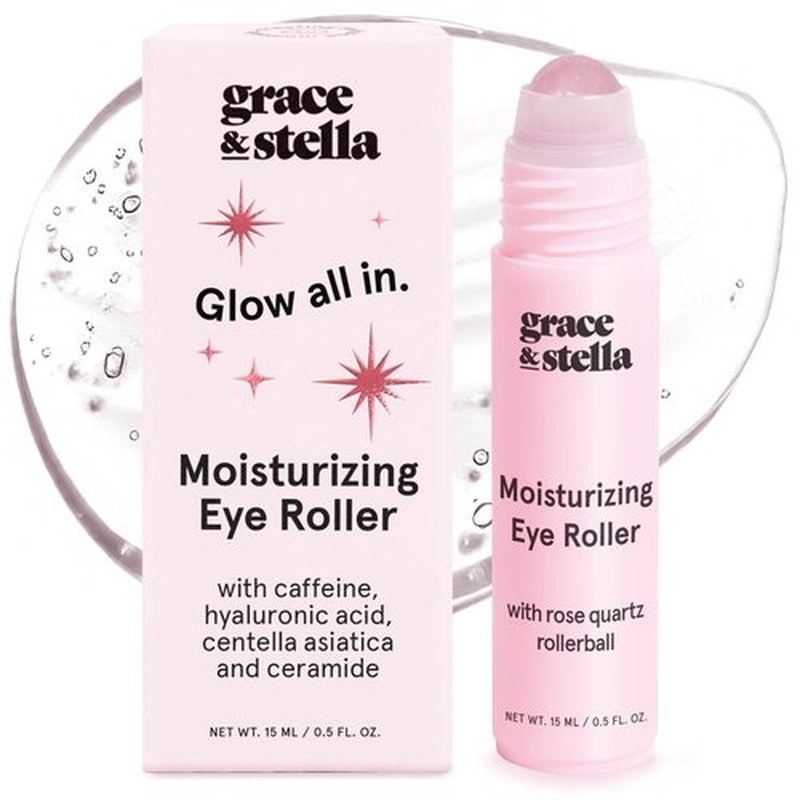 grace & stella Under Eye Brightener with Rose Quartz Rollerball - Centella Asiatica & Caffeine Under Eye Serum for Dark Circles & Puffiness - Travel Essentials, Gifts for Women, Vegan (15ml/0.51floz)
