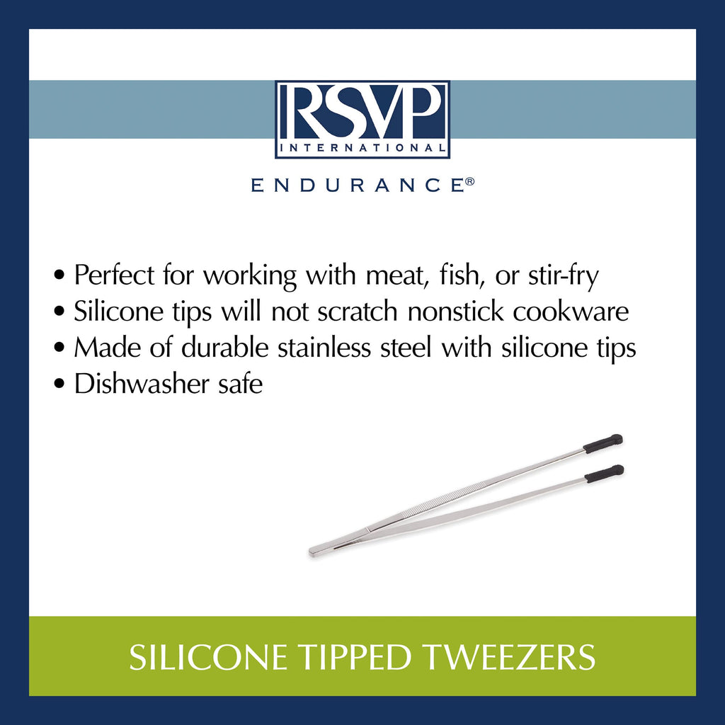 RSVP International Endurance Silicone Tipped Kitchen Tweezers Food Safe, Durable Stainless Steel, Heat Safe up to 475 Degrees F, 12" Length
