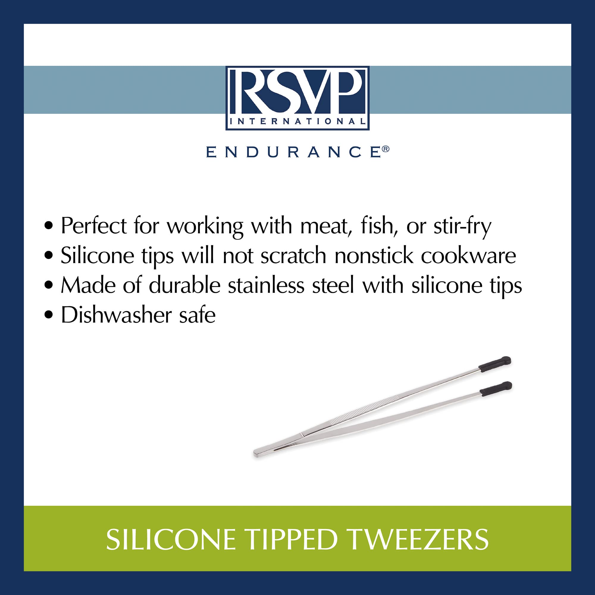 RSVP International Endurance Silicone Tipped Kitchen Tweezers Food Safe, Durable Stainless Steel, Heat Safe up to 475 Degrees F, 12" Length