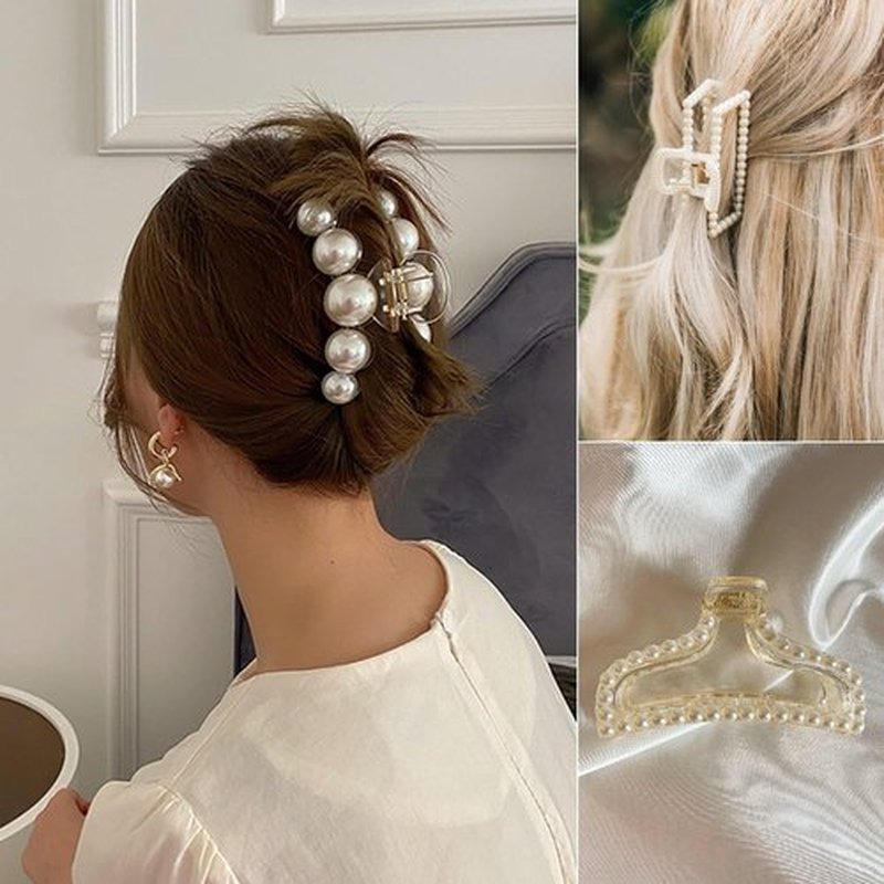 Leezmark Pearl Hair Claw Clips, Large Barrettes for Thin, Thick, Curly or Long Hair, White Jaw Clips Hair Accessories for Women and Girls