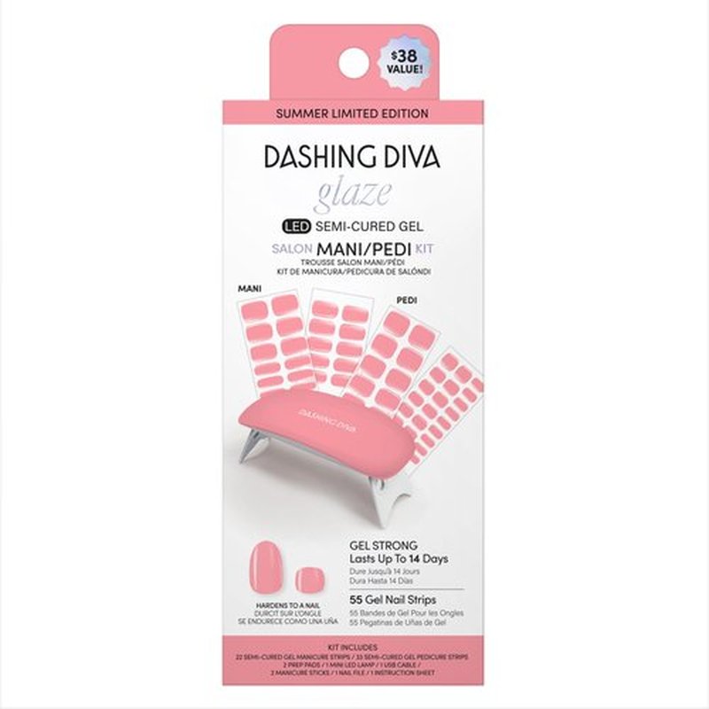 Dashing Diva Glaze Mani Pedi Kit - The Lolli Lolli - Comes with LED Nail Lamp - Long Lasting, Semicured Gel Nail Strips for Toes & Hands
