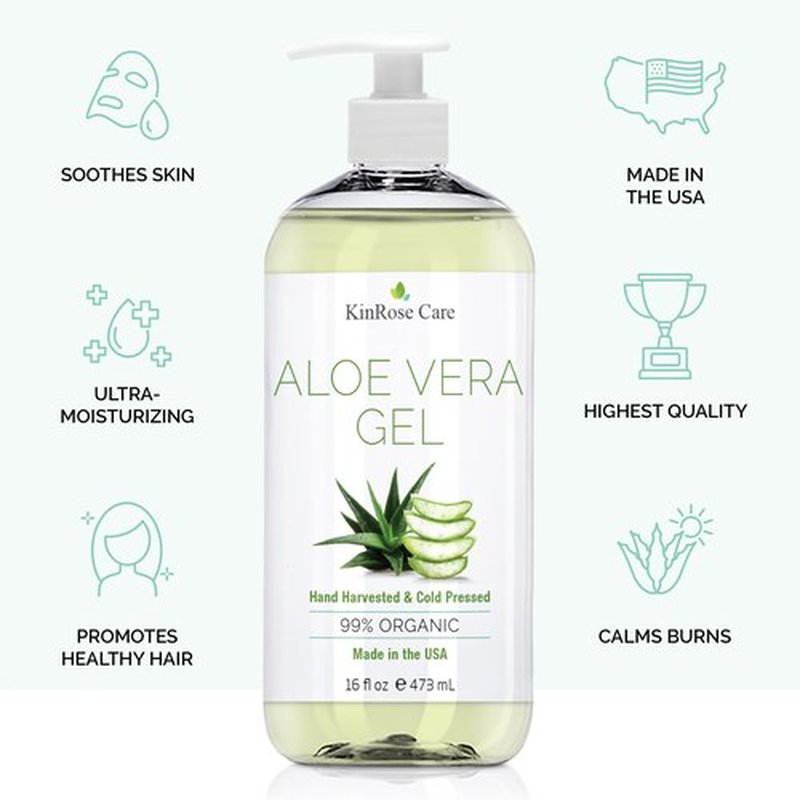 KinRose Care, 16oz Organic Aloe Vera Gel for Face, Skin, Hair & Sunburn Relief - From 100 Percent Pure Aloe Vera - Cold Pressed, Vegan, Unscented - Made in USA.