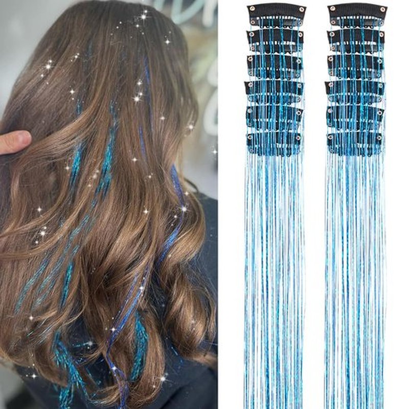 Sky Blue Fairy Hair Tinsel Kit Pack of 12 Pcs Clip in Hair Tinsel Kit 20 Inch Glitter Blue Tinsel Hair Extensions Festival Gift Tinsel Fairy Hair Extension Party Dazzle Hair (12Pcs,Sky Blue#)