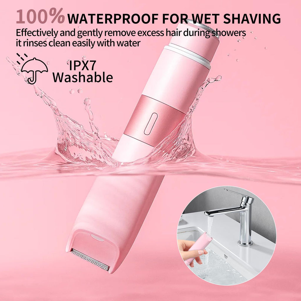 Bikini Trimmer for Women - 2 in 1 Electric Razors for Women Painless IPX7 Waterproof Rechargeable LED Dual Head Electric Shaver for Lady Bikini Underarm, Body, Leg, Face Hair Remove (Pink)