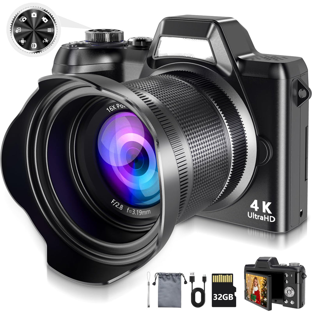 4K Digital Camera for Photography & Vlogging, 56MP Point and Shoot Digital Cameras with 180° Flip Screen, 16X Zoom Compact Travel Camera, Portable Cámara for Adults & Beginners with 32GB SD Card