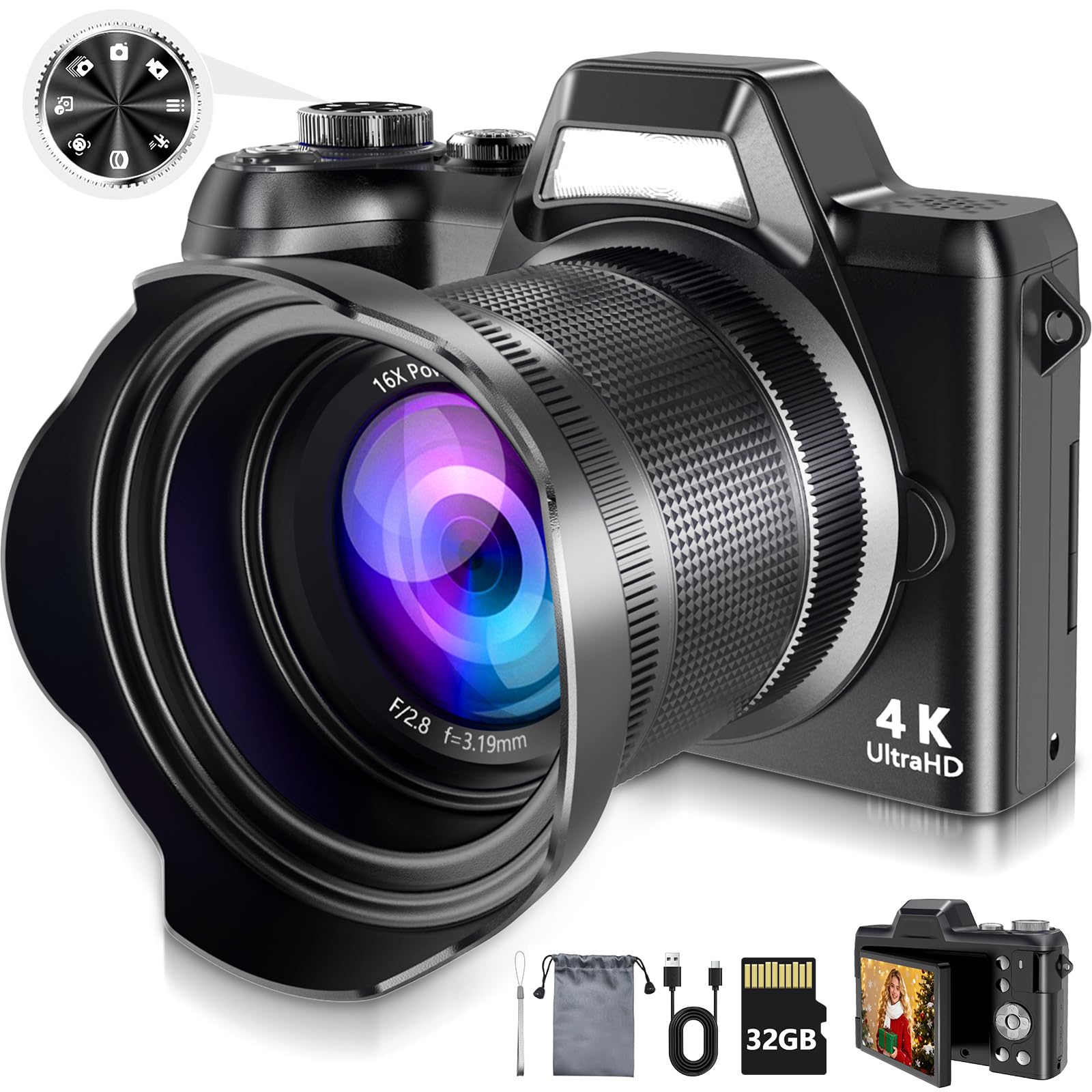 4K Digital Camera for Photography & Vlogging, 56MP Point and Shoot Digital Cameras with 180° Flip Screen, 16X Zoom Compact Travel Camera, Portable Cámara for Adults & Beginners with 32GB SD Card