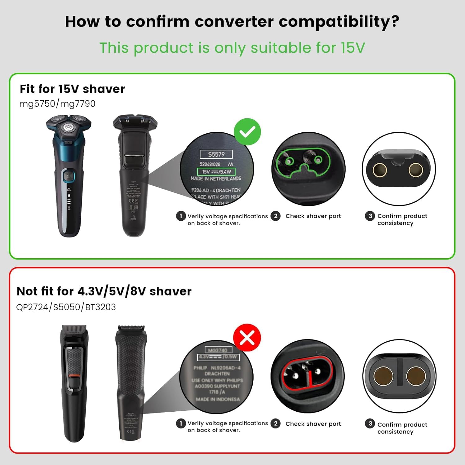 Newding 15V Compatible with Philips Norelco Charger, HQ8505 Razor Power Cord for (Older Shaver) Series 3000 5000 6000 7000 9000, Multigroom MG5750 MG7750 MG7770 MG7790 BodyGroomer BG7030 BG7040 BG5025