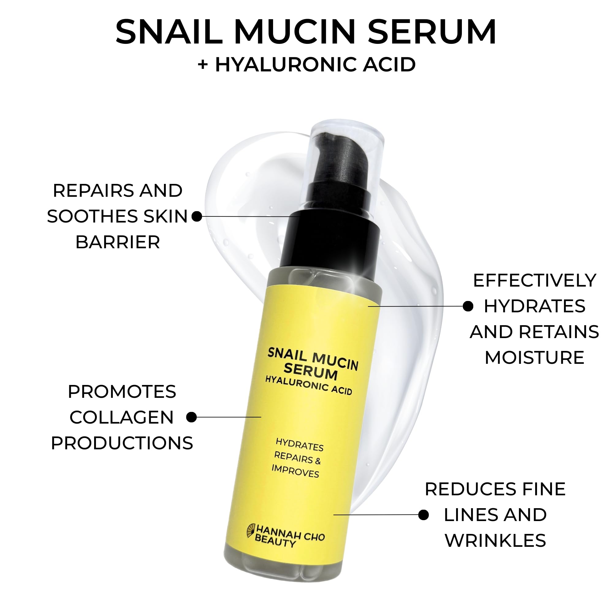 Snail Mucin Serum - Hydrating Face Serum for Skin Barrier Repair & Anti-Aging - Hyaluronic Acid Active Moisture Retention - Hannah Cho Beauty