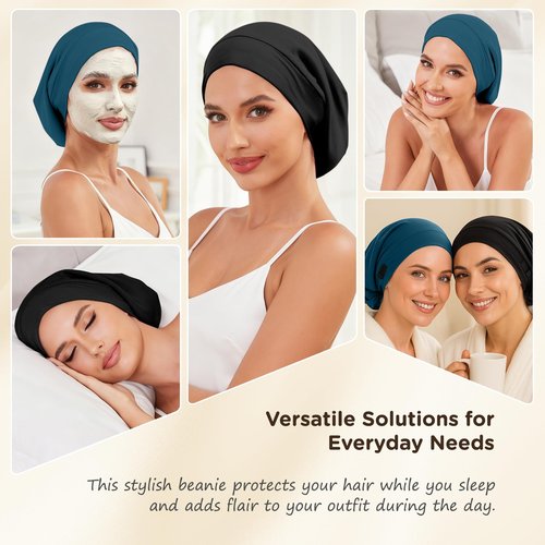 2Pcs Silk Satin Lined Bonnet for Sleeping Adjustable Slouchy Beanie Hat Night Sleep Cap for Women Men Hair Wrap for Curly Natural