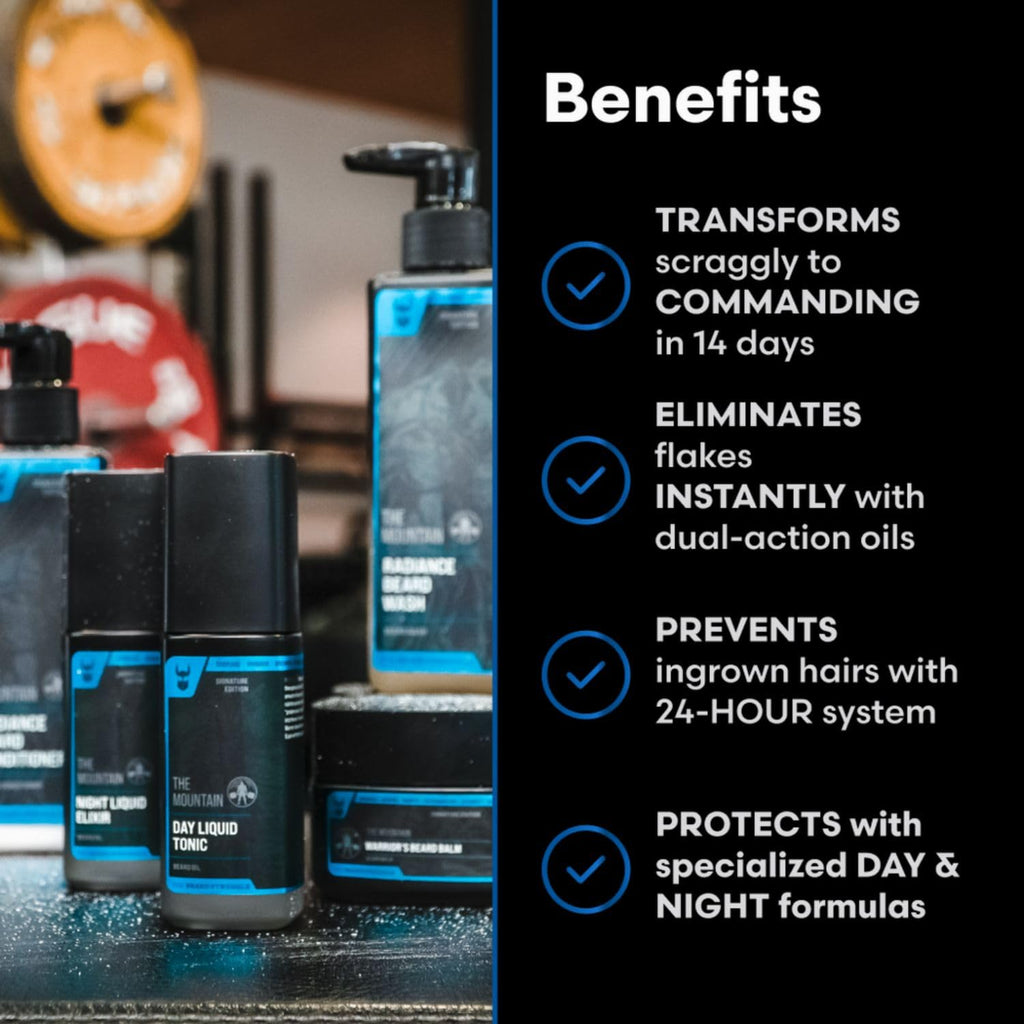 The Mountain Beard Care Kit for Men – Day & Night Oil, Balm, Wash & Conditioner – Hydrates, Softens & Styles – Natural, Vegan & Cruelty-Free – 5-Piece Set