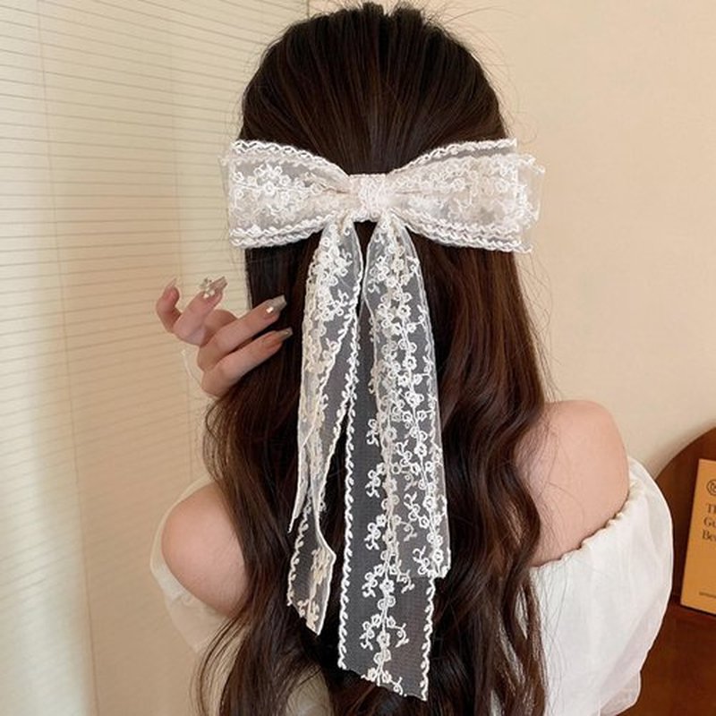 Large Lace Hair Bow Clips for Women Girls | Off White Lace Bows for Hair Weighs Only 0.6 Oz | Cute Beige Hair Decor for Wedding Pageant Prom Party Birthday Party Communion Bridal Shower (2 Pack)