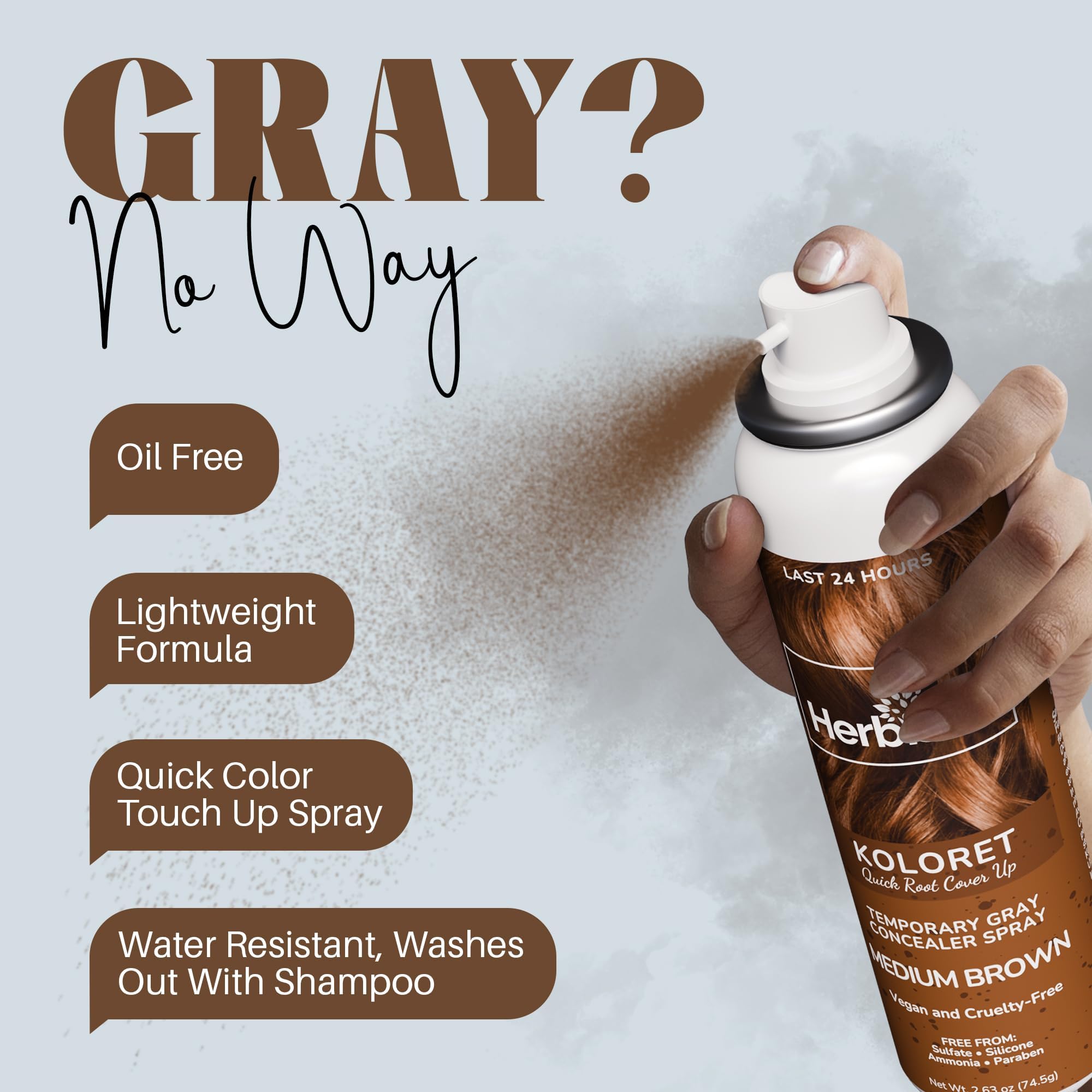 Herbishh Koloret Quick Root Touch Up Hair Color Spray Medium Brown (74.5g), Instant Gray & Medium Brown Root Cover Up, Temporary Hair Color Spray, Lightweight Non-Sticky Dye Mist, Travel Aerosol
