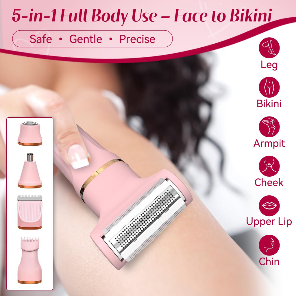5-in-1 Bikini Trimmer for Women, Electric Razors Shaver IPX7 Waterproof, Cordless Body Hair Trimmer, Ceramic Blade, Facial & Pubic Hair Removal, Travel Portable (Pink)
