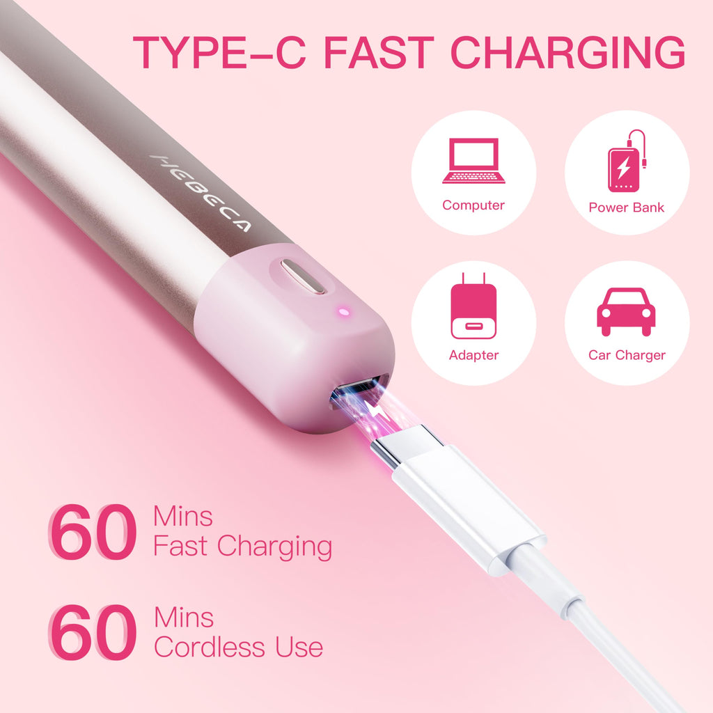 HEBECA Nose Hair Trimmer for Women 3in1 Facial Hair Removal Trimmer - Metal Body, Rechargeable, Waterproof, Portable - Nose, Ear, Eyebrow, Peach-Fuzz, Lips, Chin (Pink)