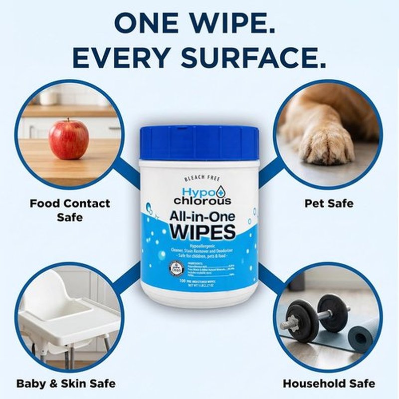 Hypochlorous Acid Wipes - 100 Count Non-Toxic Skin & Home Cleaner | Safe for Baby, Pet & Gym