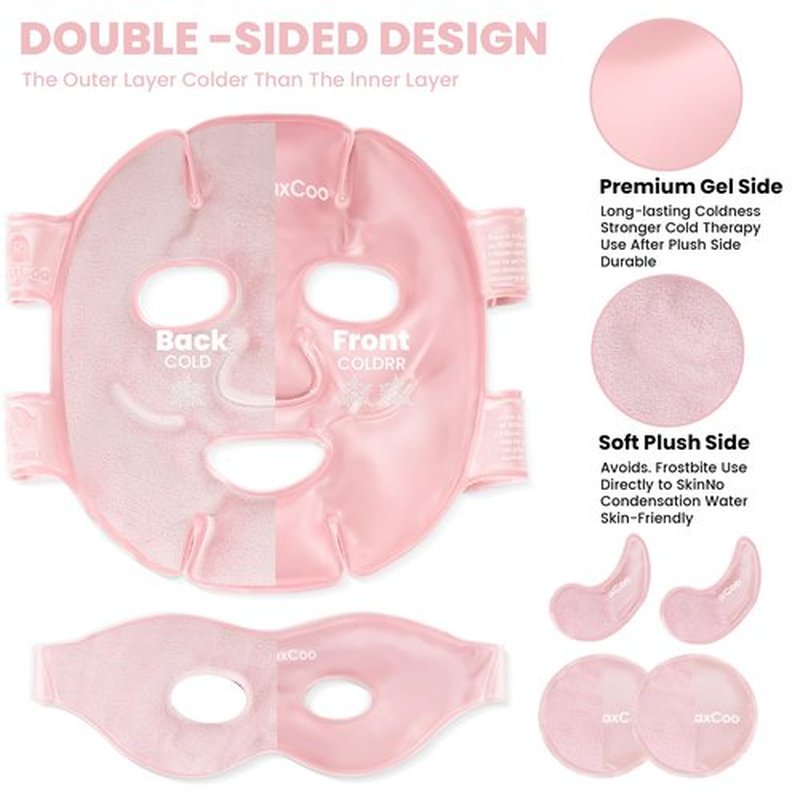 RelaxCoo Ice Face Eye Mask for Dark Circles and Puffiness Cold Warm Compress, Gel Cold Cooling Face Mask Package for Women and Men, Migraines, Headache, Stress and Relaxation, Pink