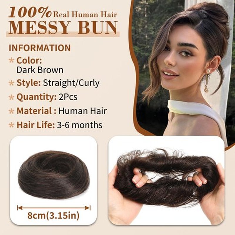 2Pcs Messy Bun Hair Piece 100% Real Human Hair Bun Scrunchies Natural Tousled Stretchy Fluffy Donut Updo Ponytail Extensions with Elastic Rubber Band Fake Bun Hair for Women,Dark Brown