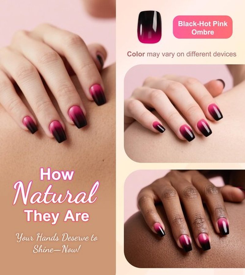 Morily Black Hot Pink Ombre Press on Nails Short, Square Shaped Fake Stick on Nails for Women in 16 Sizes, 32 Pcs Reusable Full Cover Artificial False Fingernails