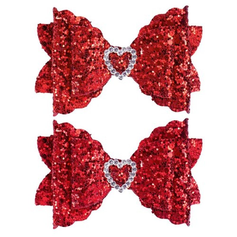 IKOLA Hair Bows for Girls Glitter Hair Clips with Rhinestones Heart Non Slip Metal Alligator Clips Hair Barrettes Sparkly Hair Accessories for Valentines Christmas Back to School - Red