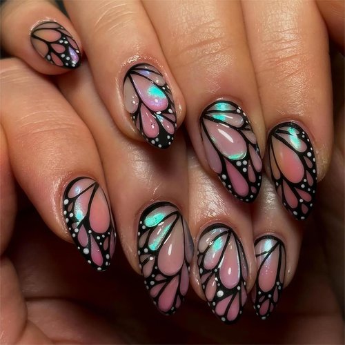 Almond Press on Nails,Short Fake Nails Almond Shape with Butterfly Designs Acrylic False Nails 3D Nails Press Ons Glue on Nail 24pcs for Girl