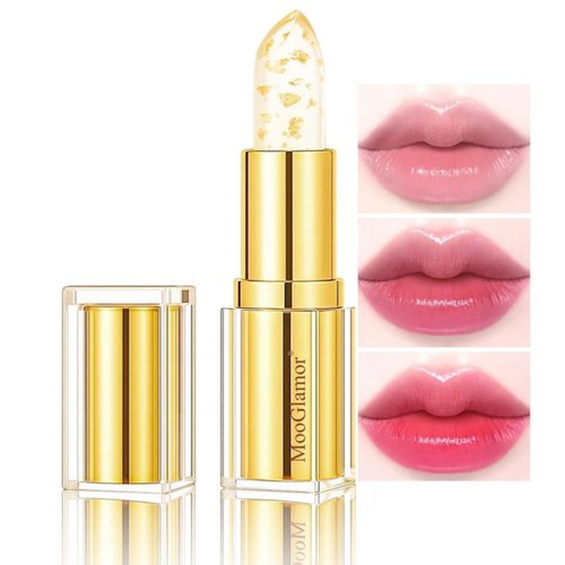 MooGlamor Clear Lipstick Color Changing Gold Foil Lipsticks with Transferproof and Retractable Pink Moisturizing Jelly Lip Stick for Women and Gift (1 Pcs)