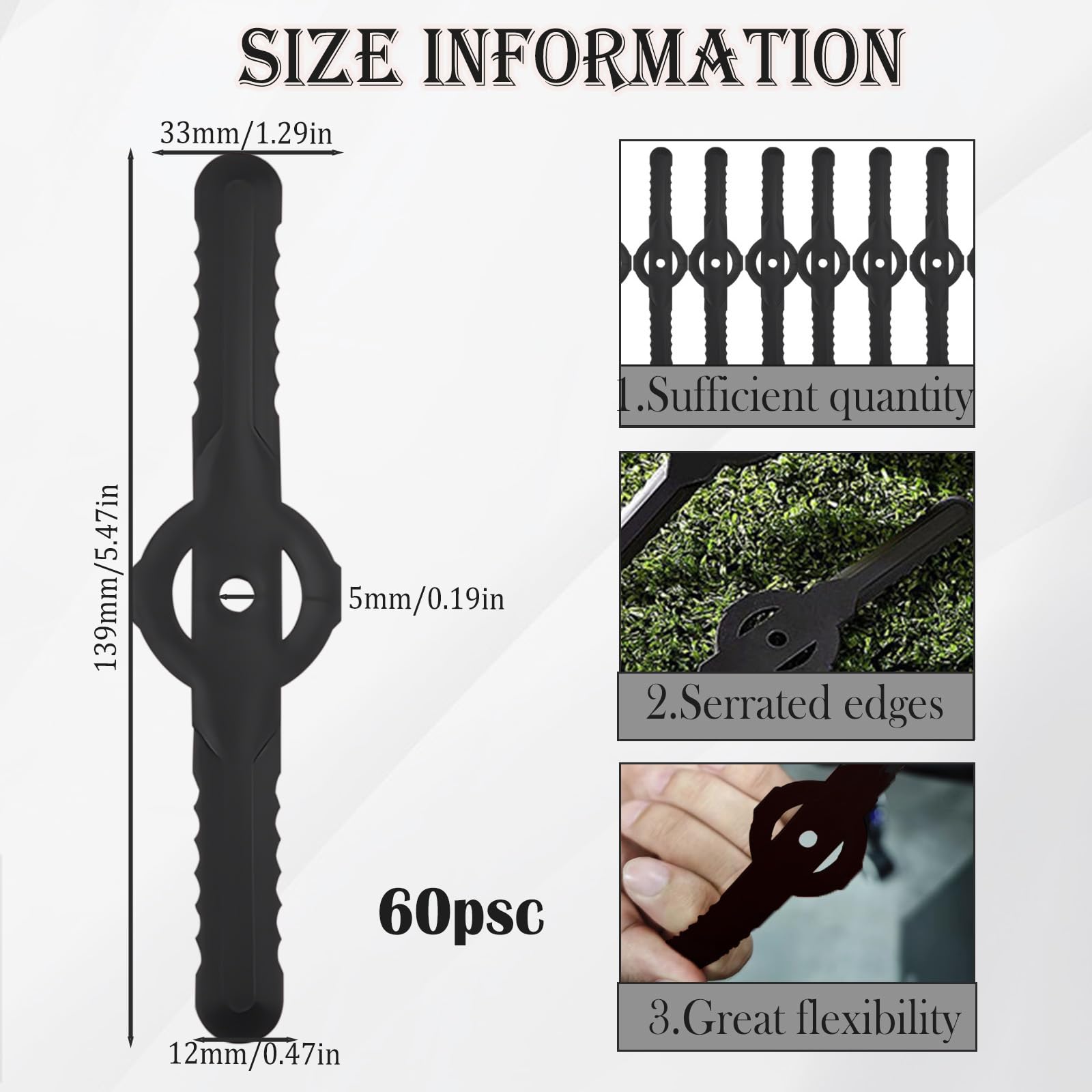 Huakaile 60 Pcs String Trimmer Head Blades Replace, Weed Eater Wacker Blades Plastic Replacement, Universal Weed Warrior Trimmer Head, Cutter Accessories for Grass Trimmer Lawn Mowers (Black)