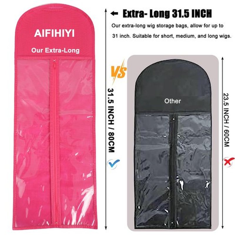 AIFIHIYI Hair Extension Holder 3Pcs Wig Storage Bags with Hanger, Wig Holder Wig Storage for Multiple Wigs, Breathable Dust-proof Extra Long Wig Bags for Hair Extensions & Accessories (Hot Pink)
