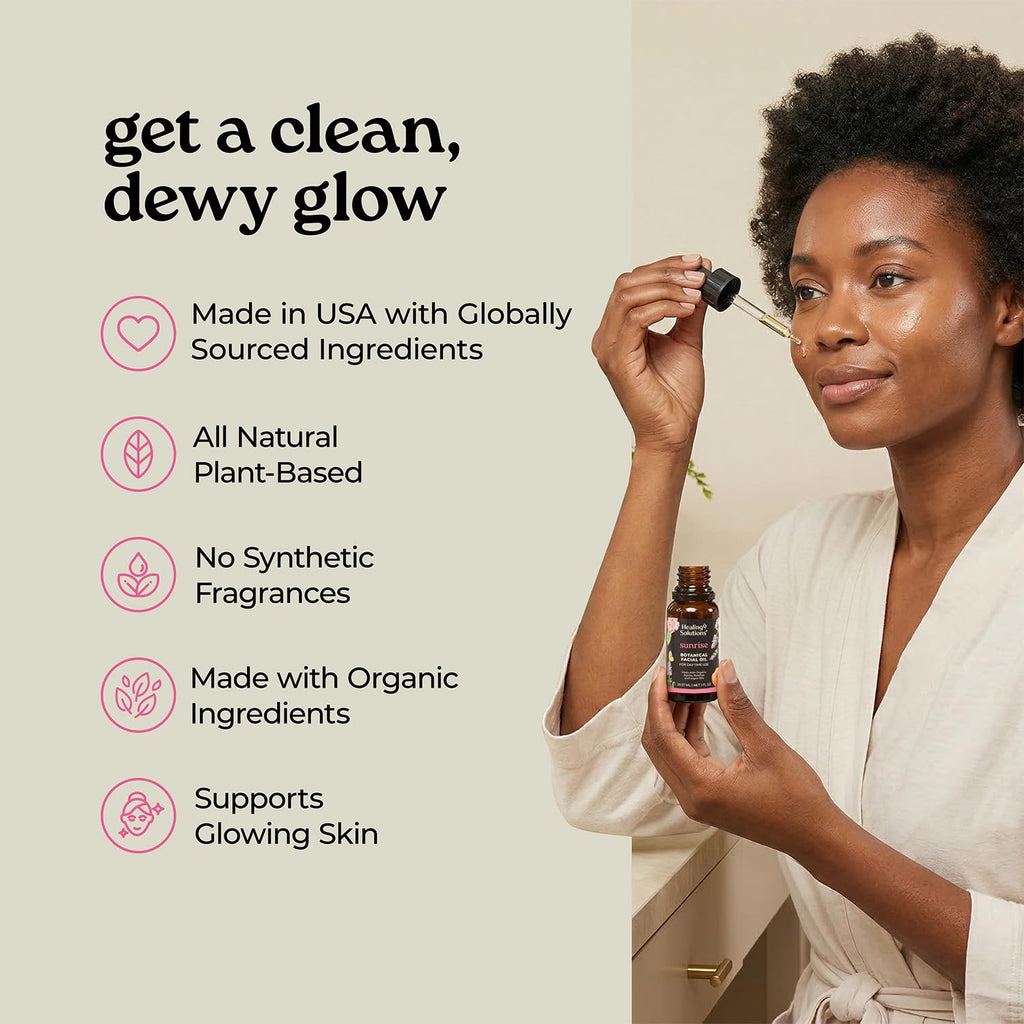 Healing Solutions – Sunrise Face Oil, All Natural and Certified Organic with Bakuchiol, Camellia, and Carrot Seed Extract, 1oz, Daytime Facial Moisturizer, Supports Visibly Renewed Skin