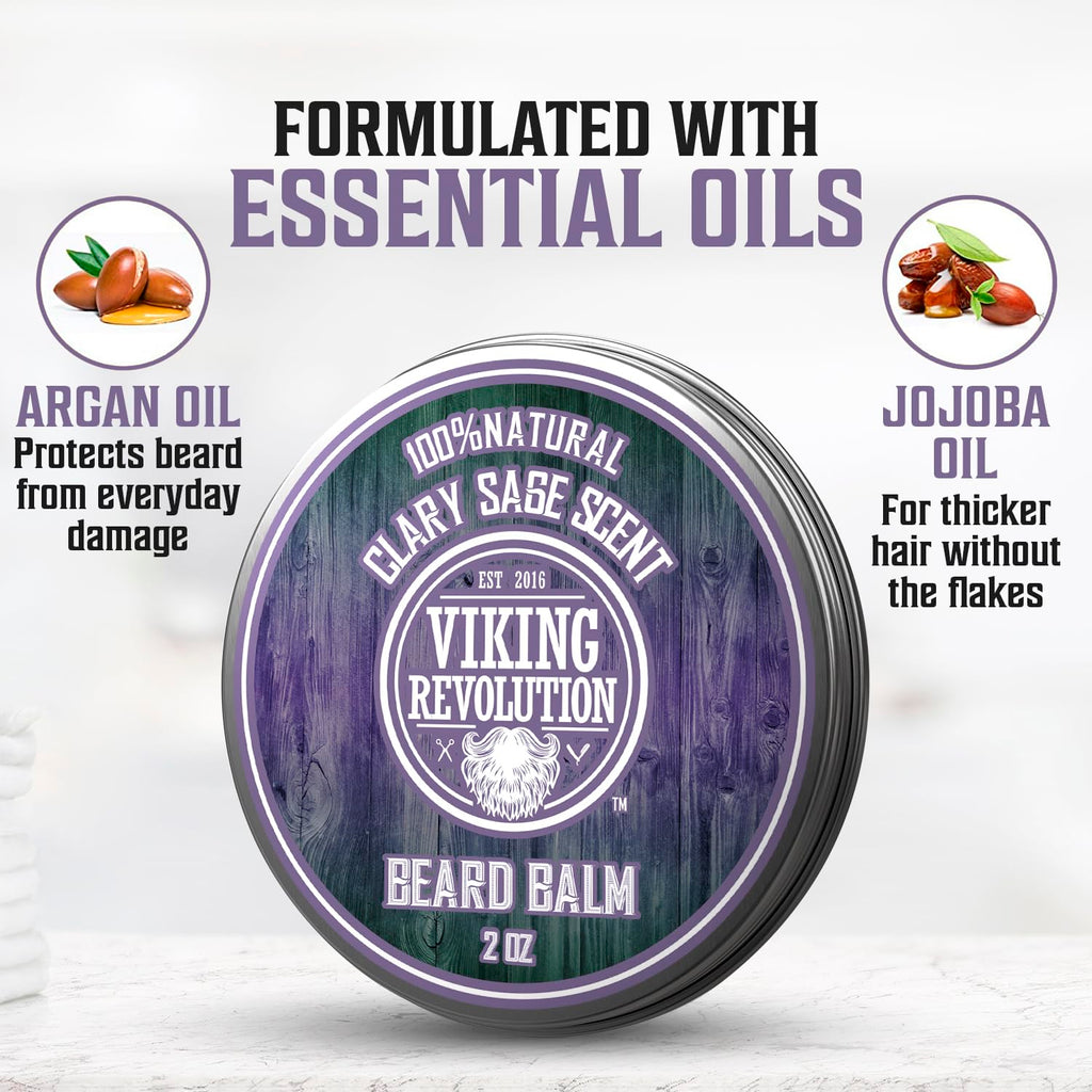 Viking Revolution Clary Sage Beard Balm - Beard Butter with Argan Oil, Beard Softener for Men with Jojoba Oil - Beard Moisturizer for Men with Beeswax - Beard Wax for Men (2oz, 1 Pack)