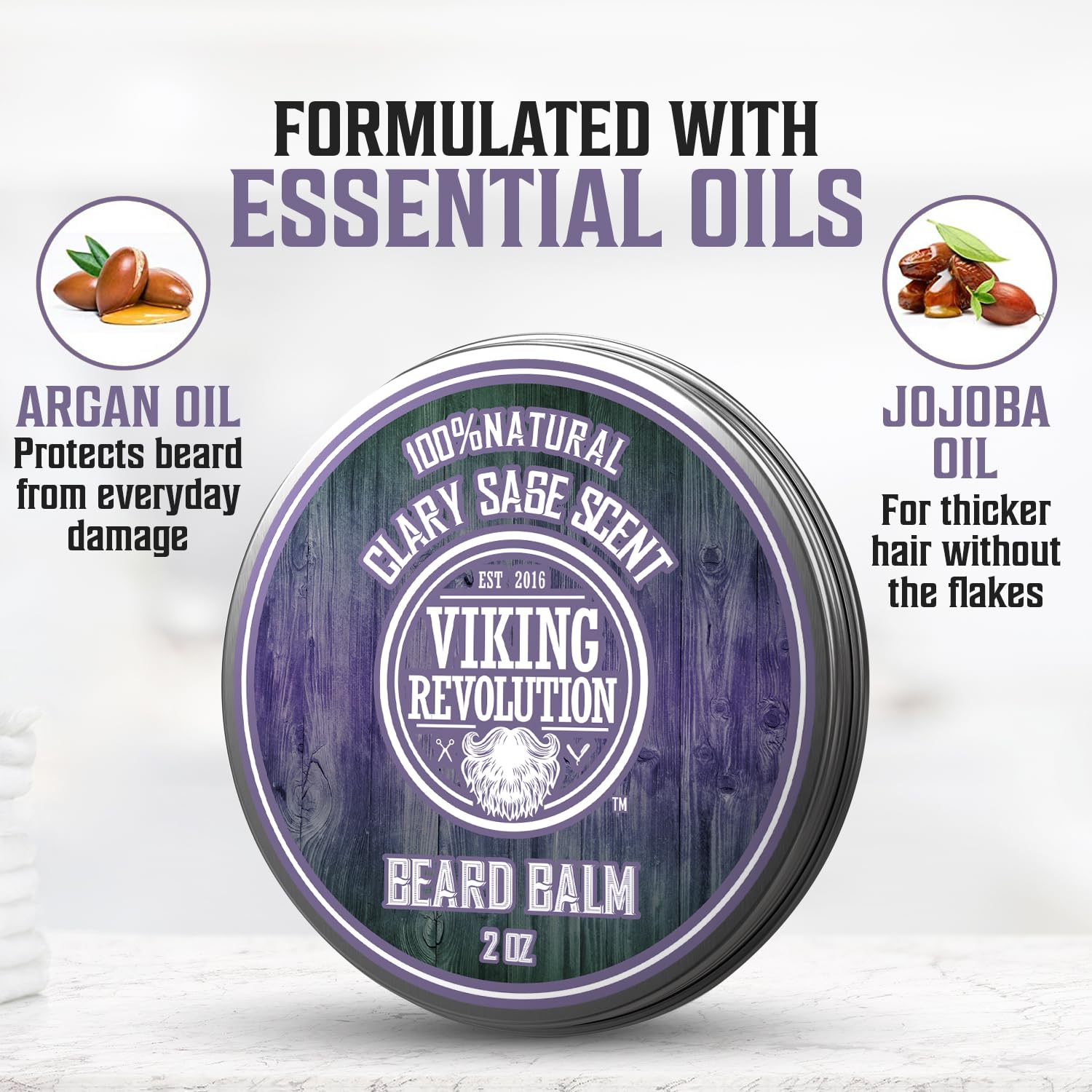 Viking Revolution Clary Sage Beard Balm - Beard Butter with Argan Oil, Beard Softener for Men with Jojoba Oil - Beard Moisturizer for Men with Beeswax - Beard Wax for Men (2oz, 1 Pack)