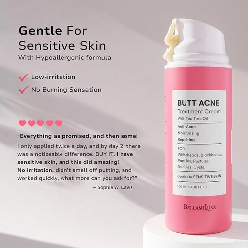 BellamiLuxx Butt Acne Treatment Cream - Clear Folliculitis & Pimples with 2% Salicylic Acid & Tea Tree Oil | Smooth Skin Solution