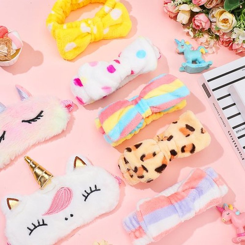 Hanaive 24 Pcs Sleepover Party Supplies Include 12 Unicorn Eye Mask and 12 Bowtie Hair Headband for Girls, Sleepover Party Favors for Women Sleeping Spa Makeup Supplies