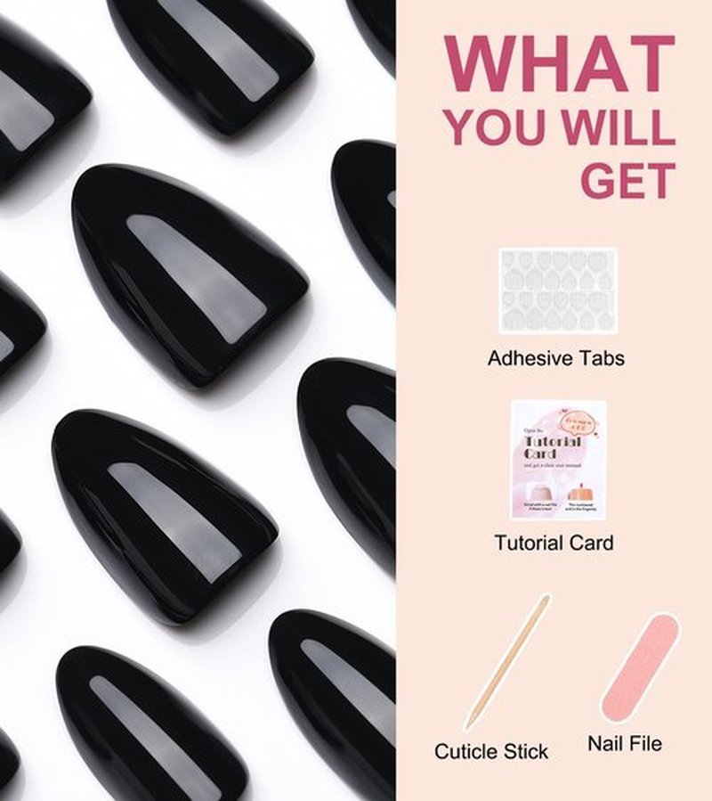 Morily Black Press on Nails Almond, 30Pcs Short Fake Nails Glossy Acrylic False Nails Reusable Full Cover Stick on Nails for Women, 15 Sizes, Thicker Fingertips