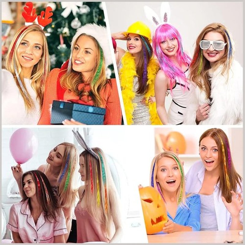 6 Pcs Pink Striped Hair Extensions Clip in Hairpiece 20 inch Synthetic Feather Scene Hair Extensions Long Straight Colorful Striped Hairpieces for Girl Women Cosplay Christmas Party Halloween Use