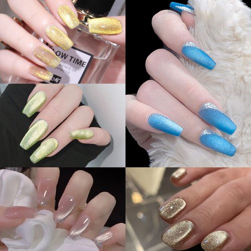 AHAMIOU Rainbow Holographic Cat Eye Gel Nail Polish - Magnetic Gel Polish with Rainbow Holographic Shine Effect - One Magnetic Stick (Set-8PCS)