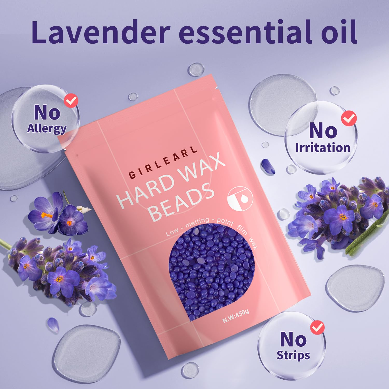 GIRLEARLE Hard Wax Beads, Wax for Women Sensitive Skin, 1lb, Lavender Formula, Hair Removal for Legs, Brazilian Bikini, Eyebrow, Facial and Full Body