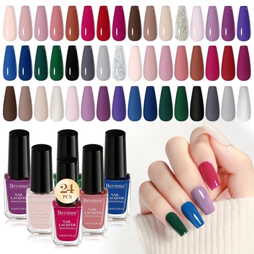 Bevimee Quick Dry Nail Polish Set: 24 Colors Regular Fingernail Polish Non Gel Bulk Black Nude Pink Red Green Blue Purple Long Lasting French Nail Art DIY Home Gift Set for Women