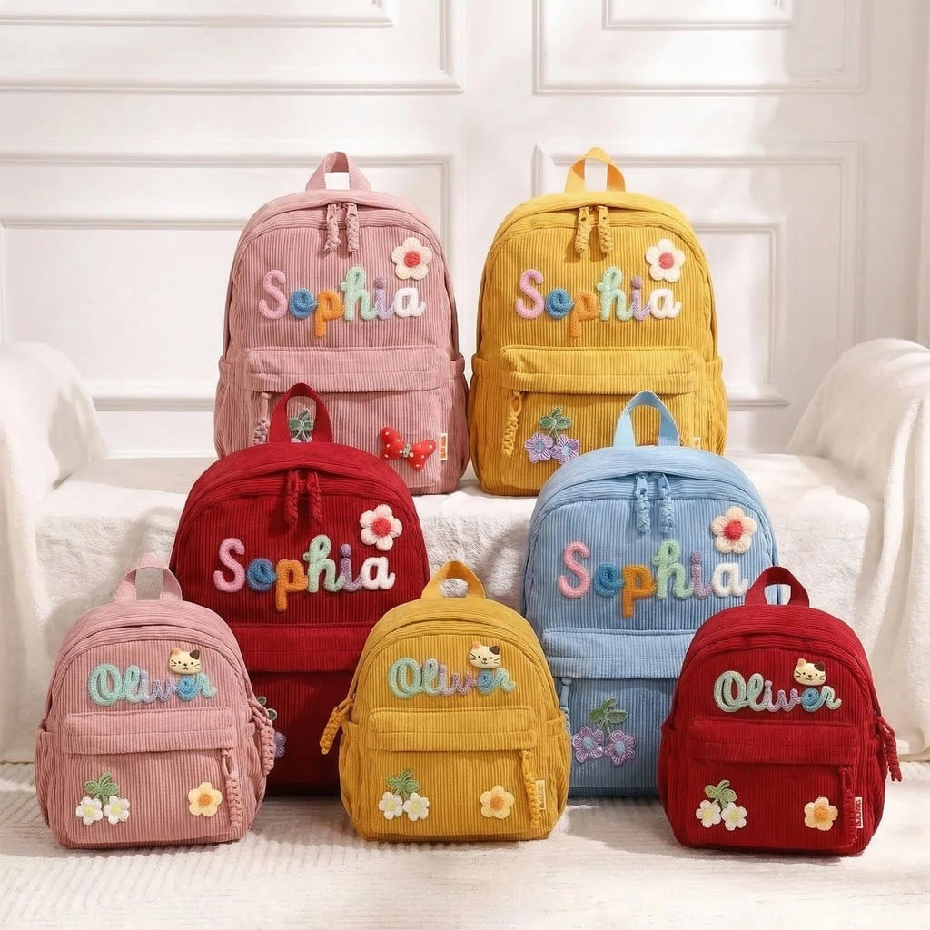KEQHAULI Custom Corduroy Backpack—a matching parent-child set featuring a hand-woven cotton cord design, making it an ideal birthday gift.