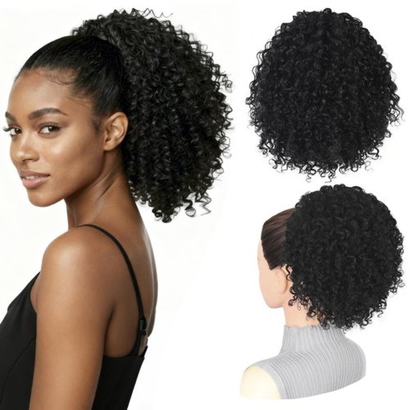 LEEONS Drawstring Ponytail for Black Women, 10 Inch Afro Kinky Curly Updo Hair Piece with 4 Secure Clips, Soft Texture for Daily & Party Wear (1B Natural Black)