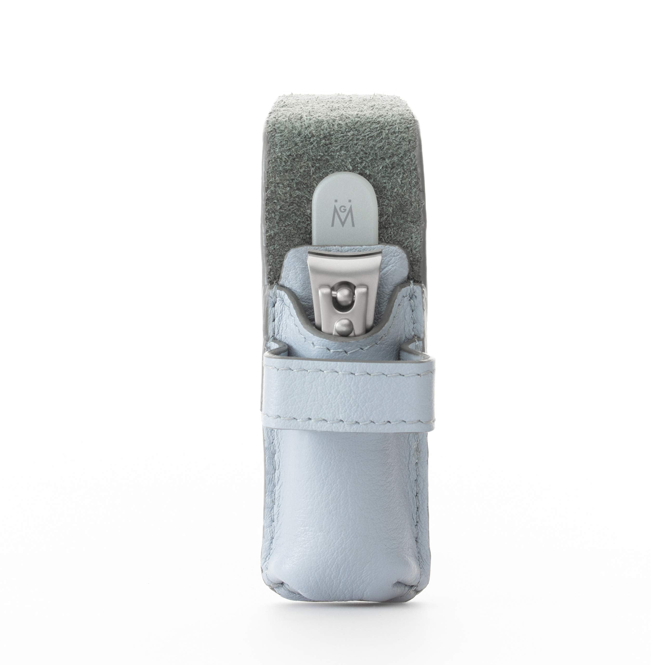 GERMANIKURE Nail Clipper and Glass Nail File Set in Light Blue Leather Case - Made in Solingen Germany of FINOX Stainless Steel, Glass Nail Care Supplies Made in Czech Republic