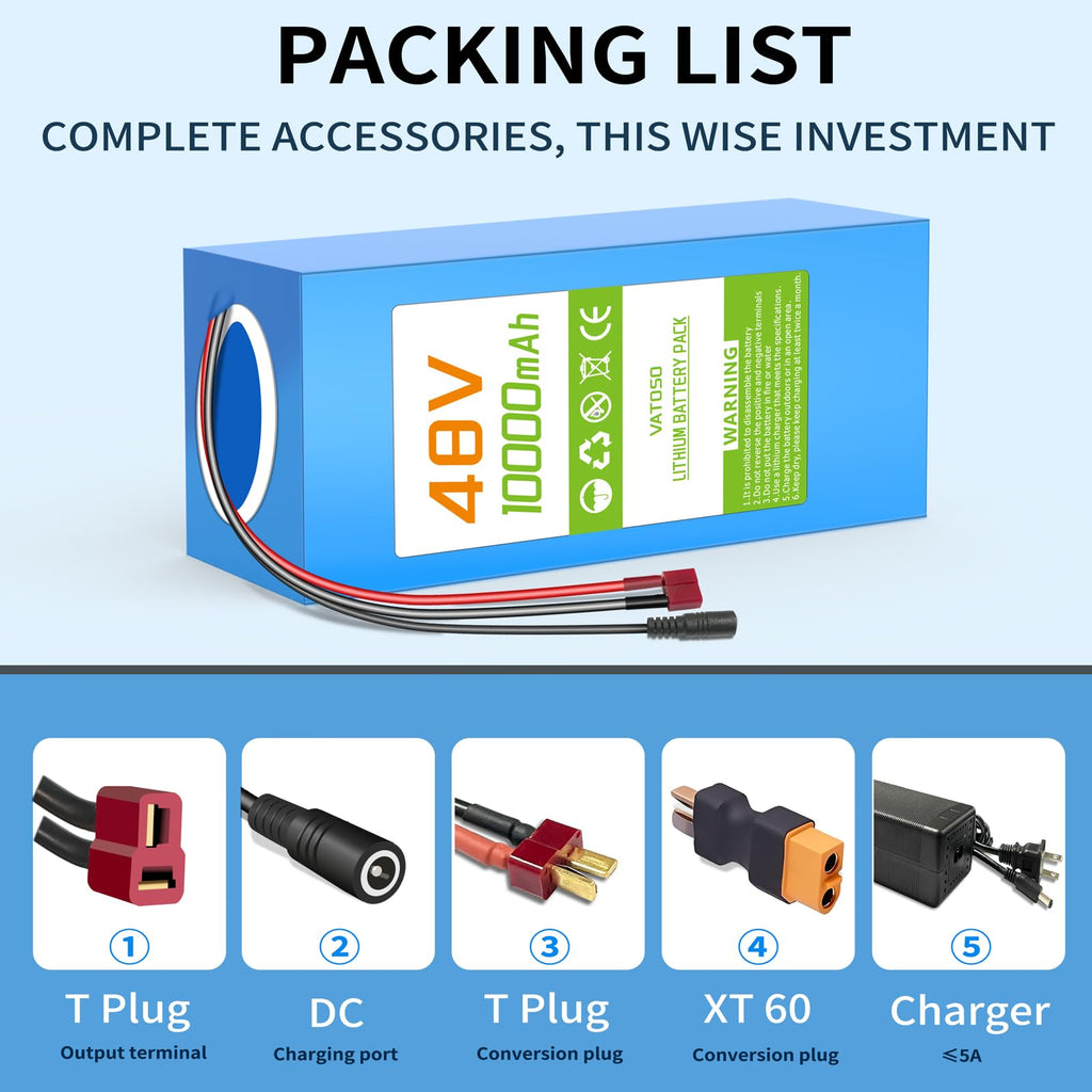 VATOSO 48V 10AH Lithium Ebike Battery with 30A BMS,W/ 2A Charger and Cabled Connector, Compatible with 100W-1000W Motors, for Electric Bikes, Scooters, ATVs, Electric Dirt Bikes and DIY Projects