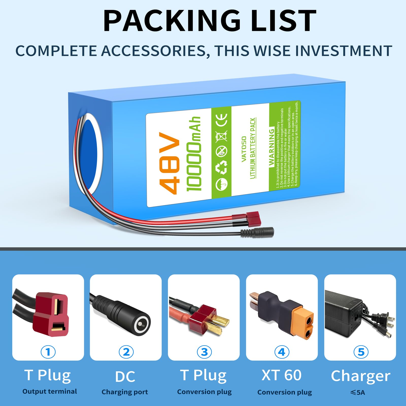 VATOSO 48V 10AH Lithium Ebike Battery with 30A BMS,W/ 2A Charger and Cabled Connector, Compatible with 100W-1000W Motors, for Electric Bikes, Scooters, ATVs, Electric Dirt Bikes and DIY Projects