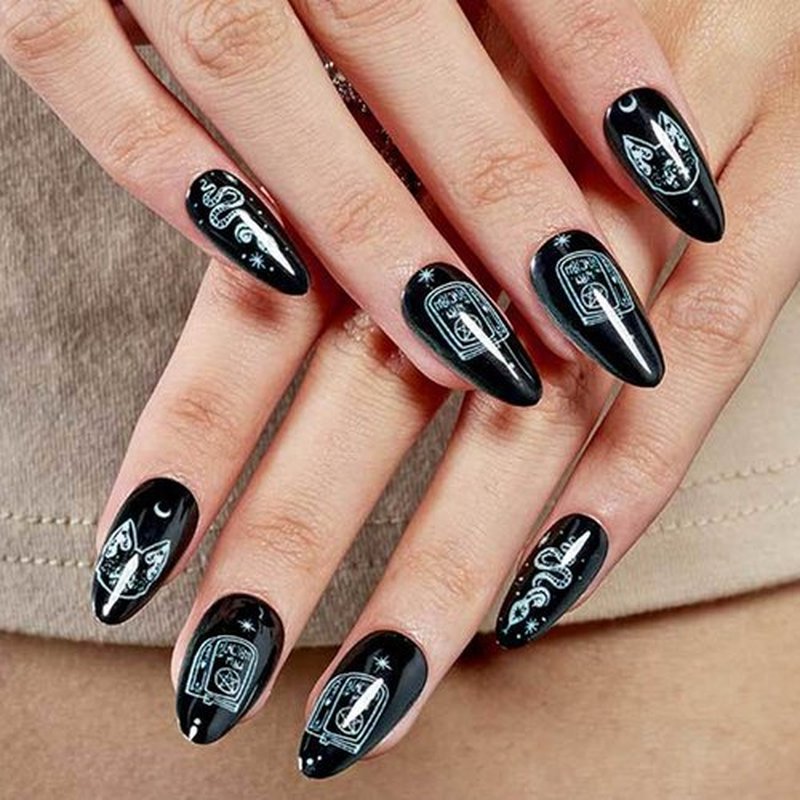GLAMERMAID Press on Nails Almond,Black Gel False Nails with Design,24 PCS Glue on Nails,Reusable Acrylic Stick on Nails Tips Manicure Set for Women,Primitive Belief