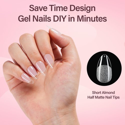 Misssix Short Almond Gel Nail Tips, 216Pcs Pre Etched Clear Fake Nails, Full Cover Soft Acrylic False Nail Glue and Nail Glue Remover for Women 12 Sizes