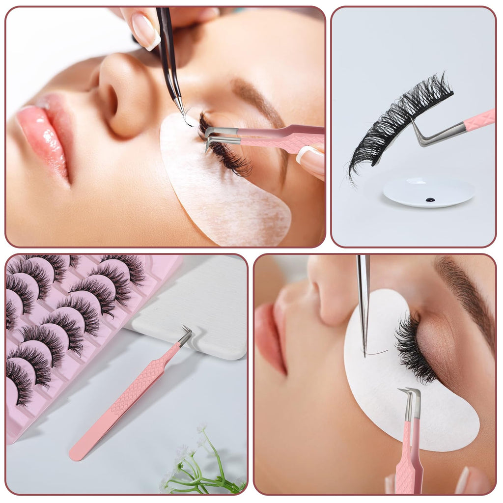 90 Degree Lash Tweezers for Eyelash Extensions Fiber Tip Tweezers for Lash Extension High Precision Eyelash Extension Tweezer for Volume & Classic Lashe Pink