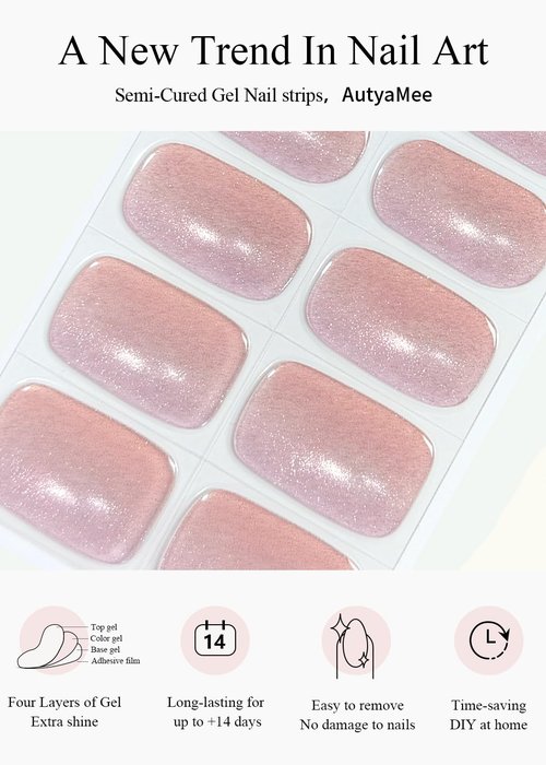 AutyaMee Semi Cured Gel Nail Strips (Nude Pink Cat Eye), Light-Chasing, 20 Pcs Gel Nail Wraps, Stickers, Works with Any UV Lamps