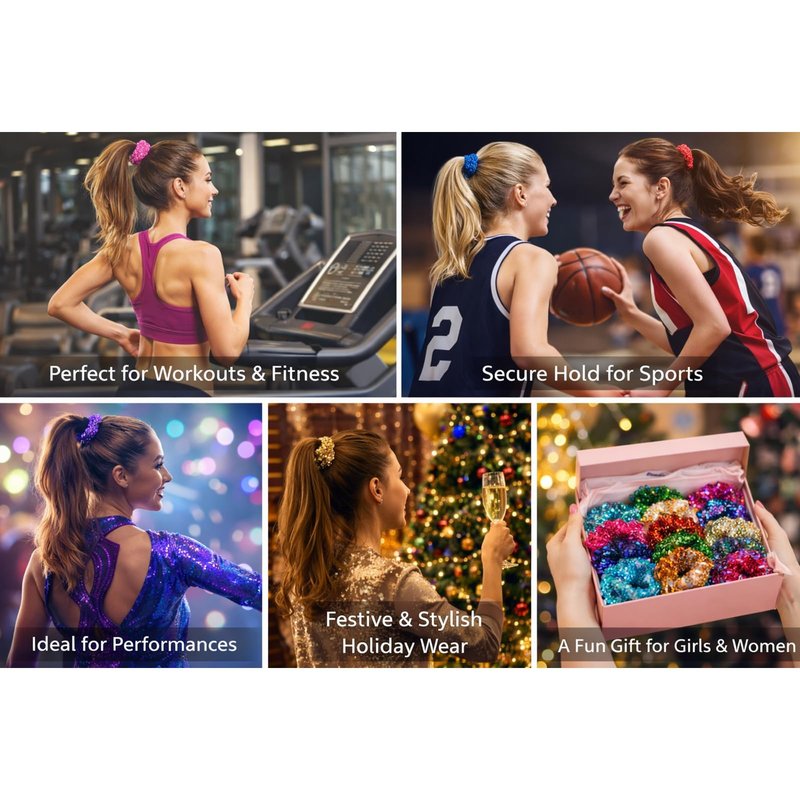 Yuese 12 Pieces Sparkly Sequins Hair Scrunchies Elastics Hair Bands Ponytail Holders Hair Wrist Ties Ropes Scrunchies for Show Gym Dance Party Club Girls Women Hair Accessories