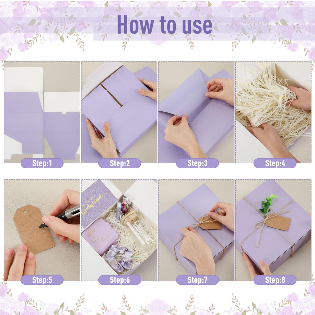 Teenyyou 60 Pcs Bridesmaid Proposal Gifts Bridesmaid Box Set Maid of Honor Gift Wedding Bridal Shower Include Jewelry Box Glass Cup Scrunchies Hair Knotted Bracelets Hand Cream Lip Balm Cards(Purple)