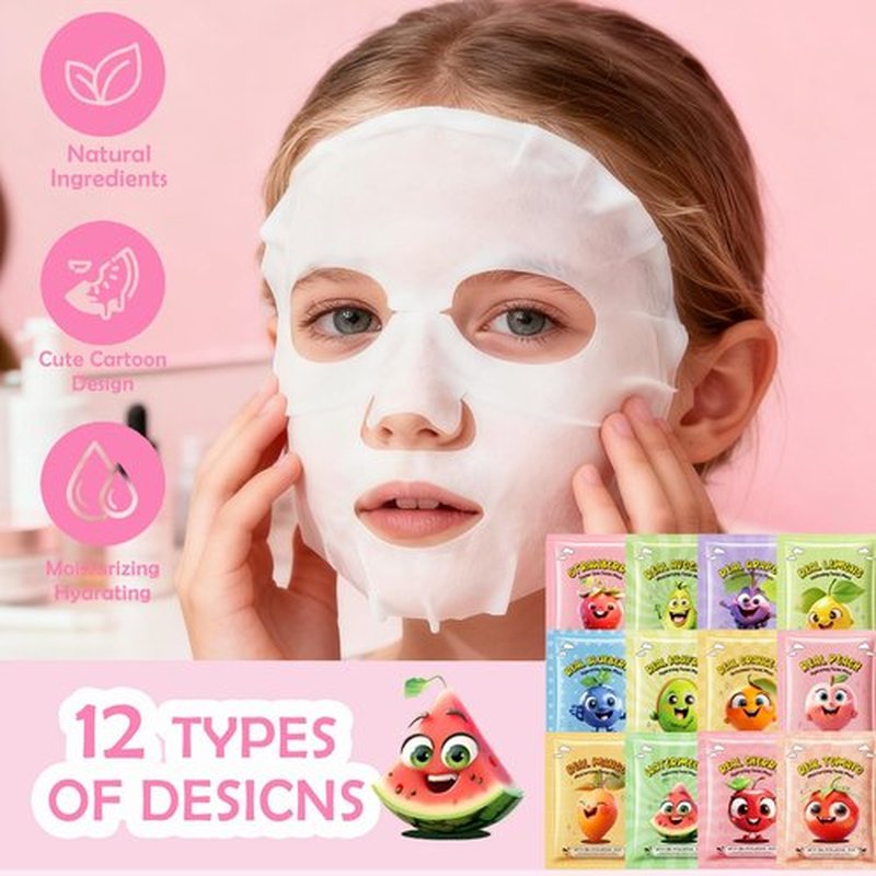 Minfei 12 Pack Fruit Face Mask for Kids, Skin Care for Kids, Kids Face Mask, Moisturizing Face Masks SkinCare, Face Masks Bulk, Kids Face Masks Spa Party Favors for Teens Girls Women, Self Care Gifts