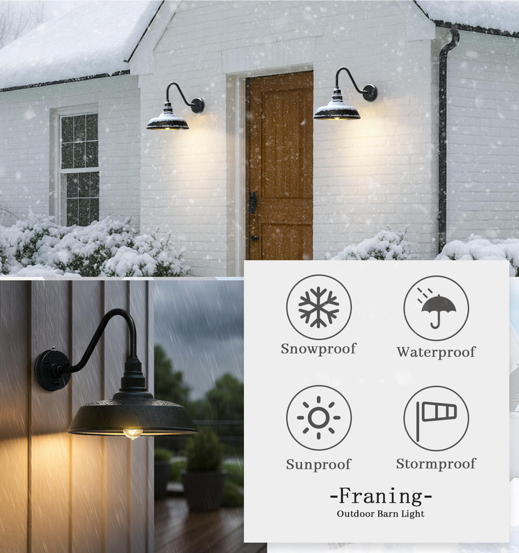 Franing 15 Inch Large Outdoor Gooseneck Barn Light, Dusk to Dawn Barn Lights 2-Pack, Exterior Classic Black Barn Light for Porch, Farmhouse, Garage, Gooseneck Lighting